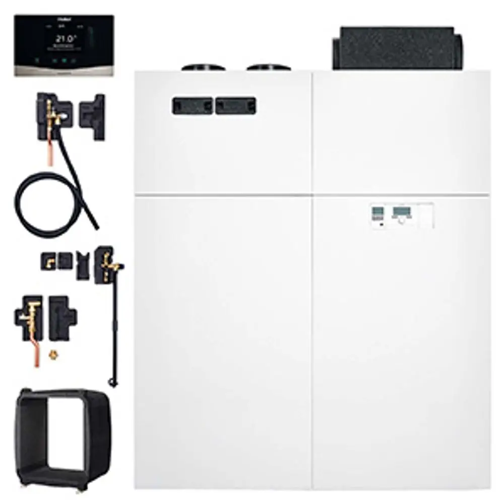 Vaillant Heizgerät in Weiß mit digitalem Display und mehreren Anschlüssen. Zubehörteile wie Rohre und Befestigungen sind abgebildet.